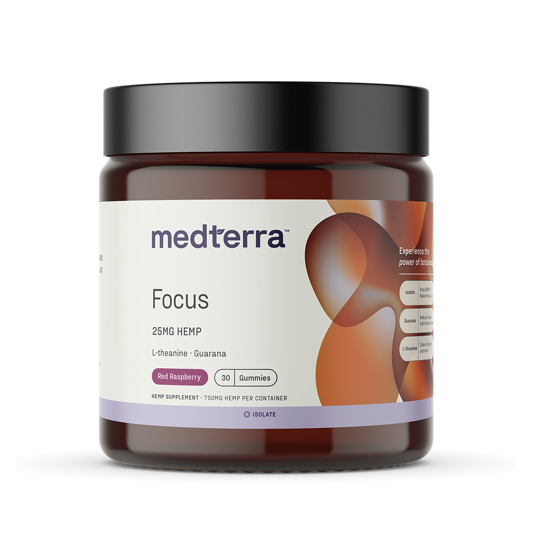 medterra Focus 25MG HEMP L-theanine Guarana Red Raspberry 30 Gummies HEMP SUPPLEMENT 750MG HEMP PER CONTAINER ISOLATE