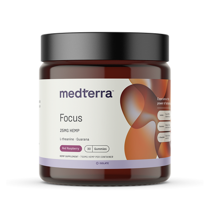 Front view of Medterra Focus gummy jar, 25 mg hemp with L-theanine and guarana, red raspberry, 30 gummies, 750 mg total