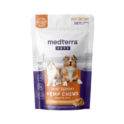 medterra PETS hemp chews joint support, peanut butter flavor, 10mg per chew, 30 soft chews