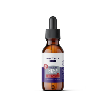 Amber dropper bottle, medterra PETS 25MG PER 1ML HEMP DROPS BEEF FLAVOR 750 MG per bottle; Net Contents 1 FL OZ (30ML)