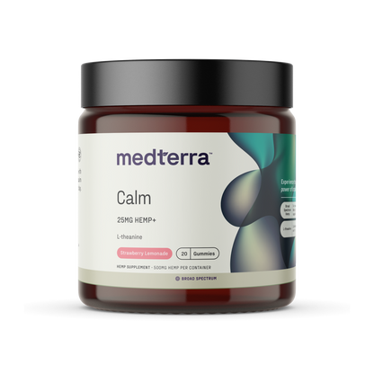 Front view of Medterra Calm jar showing 25 mg hemp plus L-theanine, strawberry lemonade, 20-count on black background