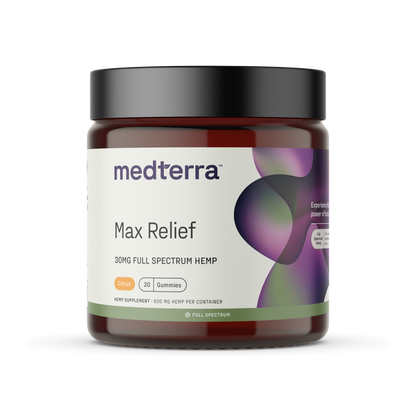 Front of Medterra Max Relief gummy jar, 30 mg full-spectrum hemp per gummy, Citrus flavor, 20 gummies (600 mg)