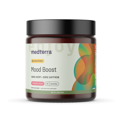 Medterra Mood Boost jar label, strawberry citrus gummies; 58MG hemp, 30MG saffron, 20 gummies, full spectrum, high potency