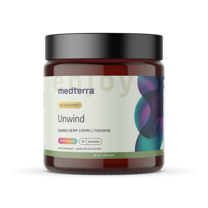 medterra Unwind gummy jar, HIGH POTENCY; 58MG HEMP 100MG L-THEANINE; Multi-Flavored; 20 Gummies; FULL SPECTRUM