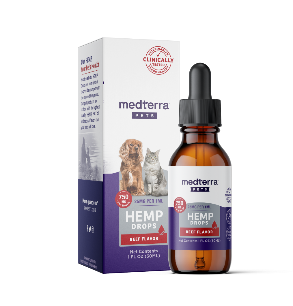 medterra PETS HEMP DROPS BEEF FLAVOR 25MG PER 1ML 750 MG Net Contents 1 FL OZ (30ML) CLINICALLY TESTED