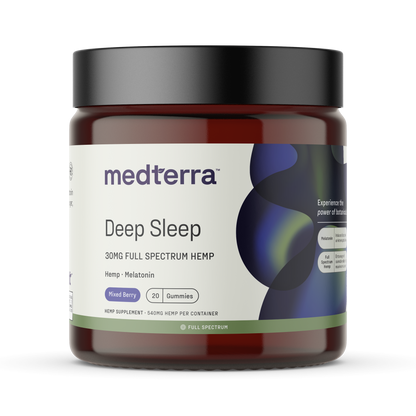 Medterra Deep Sleep jar — 30mg full-spectrum hemp melatonin gummies, Mixed Berry flavor, 20 gummies.