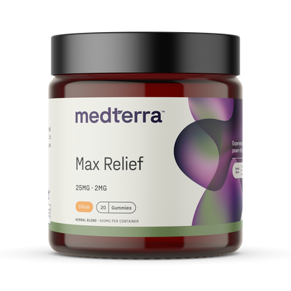 medterra jar labeled Max Relief 25MG 2MG Citrus 20 Gummies HERBAL BLEND 500MG PER CONTAINER