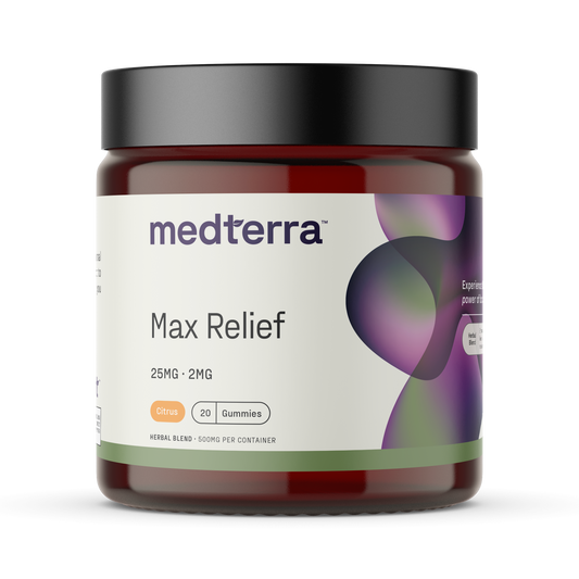 medterra jar labeled Max Relief 25MG 2MG Citrus 20 Gummies HERBAL BLEND 500MG PER CONTAINER