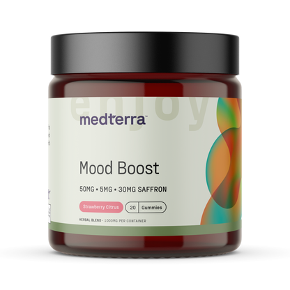 medterra Mood Boost, Strawberry Citrus; 50MG 5MG 30MG SAFFRON; 20 Gummies; HERBAL BLEND 1000MG PER CONTAINER; enjoy
