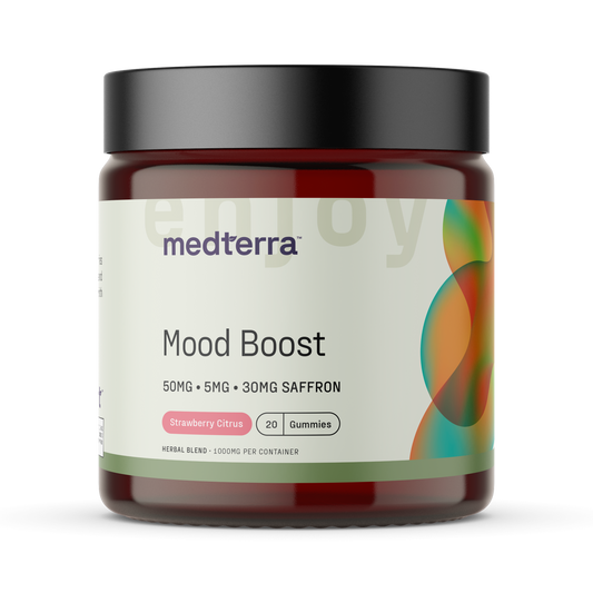 medterra Mood Boost, Strawberry Citrus; 50MG 5MG 30MG SAFFRON; 20 Gummies; HERBAL BLEND 1000MG PER CONTAINER; enjoy