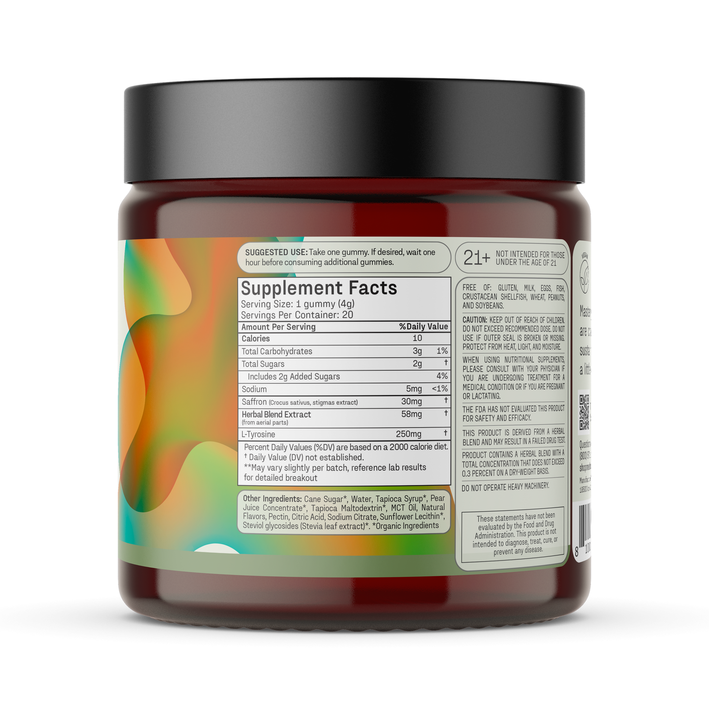 Amber jar back label showing 'Supplement Facts' panel and ingredients list for mood-boosting gummies.