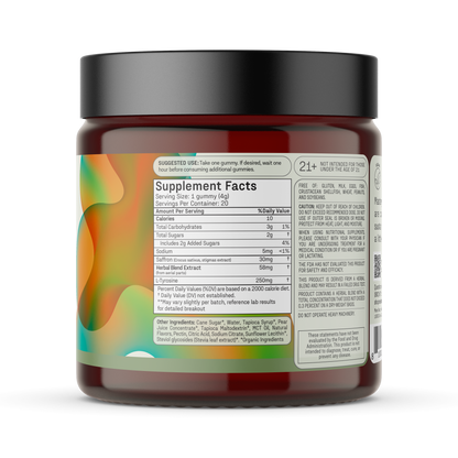 Amber jar back label showing 'Supplement Facts' panel and ingredients list for mood-boosting gummies.