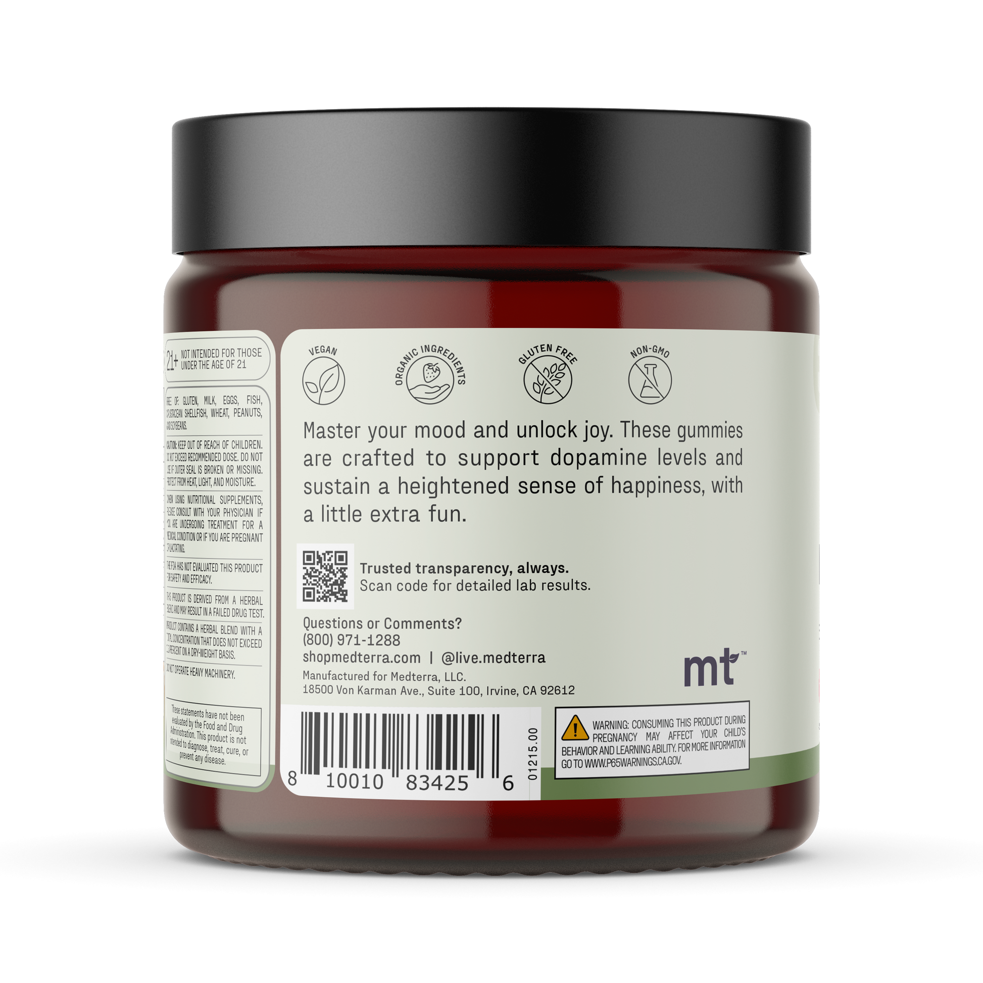 Back label of red supplement jar: mood‑support gummies description, Vegan/Organic/Gluten‑Free/Non‑GMO icons, QR code.