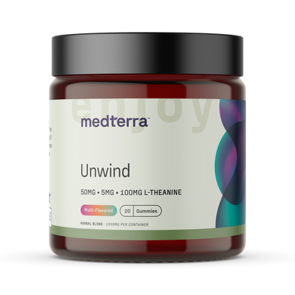 medterra Unwind jar enjoy 50MG 5MG 100MG L-THEANINE Multi-Flavored 20 Gummies HERBAL BLEND 1000MG PER CONTAINER