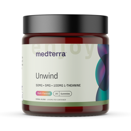 medterra Unwind jar enjoy 50MG 5MG 100MG L-THEANINE Multi-Flavored 20 Gummies HERBAL BLEND 1000MG PER CONTAINER