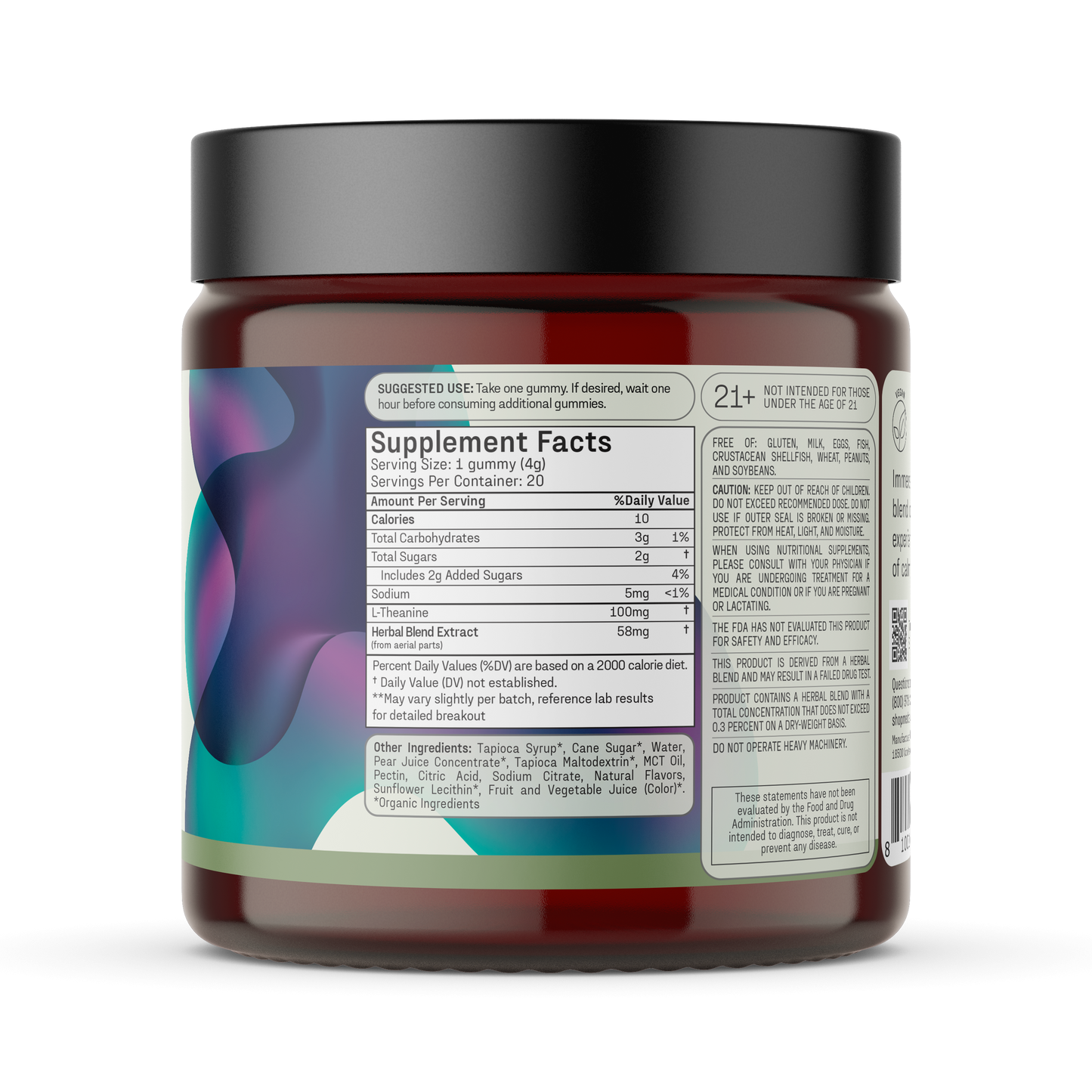 Amber jar with black lid displaying a Supplement Facts and ingredient panel for gummy supplements.