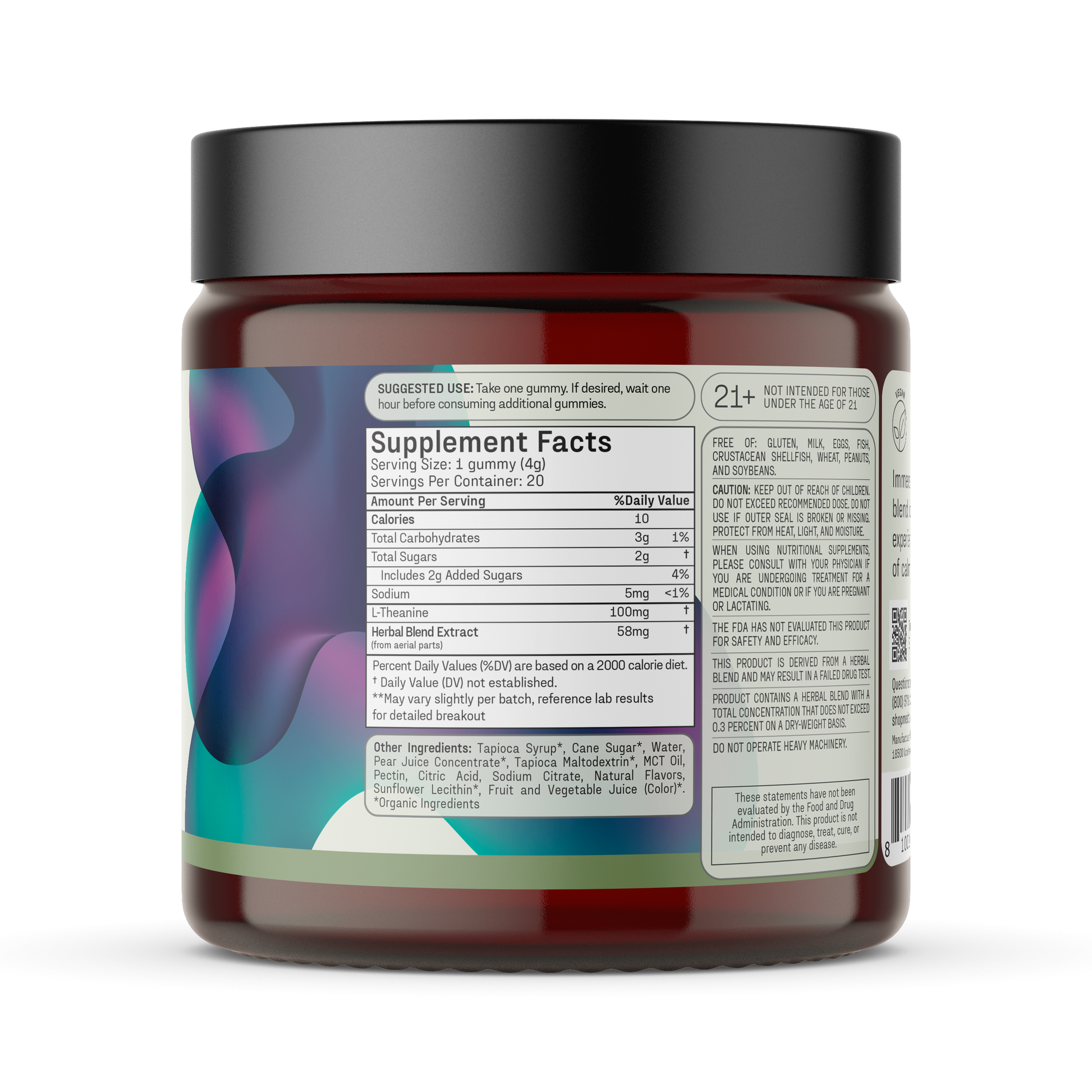 Amber jar with black lid displaying a Supplement Facts and ingredient panel for gummy supplements.
