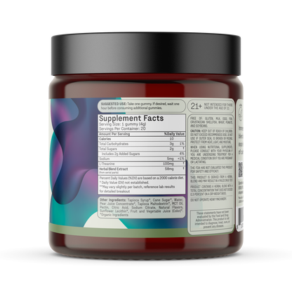 Amber jar with black lid displaying a Supplement Facts and ingredient panel for gummy supplements.