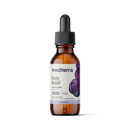 Front view of Medterra Daily Relief 500 mg hemp tincture bottle with dropper, unflavored isolate, 1 fl oz on black background