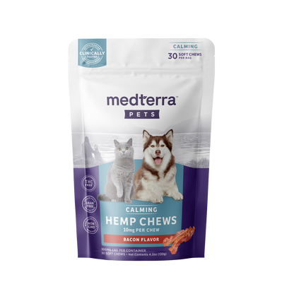 medterra PETS CALMING HEMP CHEWS 10mg PER CHEW BACON FLAVOR 30 SOFT CHEWS PER BAG THC FREE GRAIN FREE NON GMO