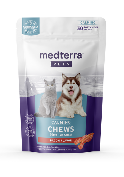 Medterra Pets calming chews bag, bacon flavor, shows cat and dog and text 'Calming Chews 10mg per chew' and '30 soft chews per bag'