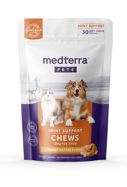 Medterra PETS joint support chews bag with dog and cat, 10mg per chew, peanut butter flavor.