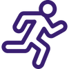 Purple stylized running person icon conveying motion and speed