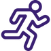 Purple stylized running person icon conveying motion and speed