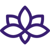 Dark purple stylized lotus-flower logo with four rounded petals and central negative-space shapes