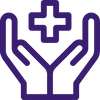 Two stylized hands cupping a four-petal flower with a star-shaped center, purple logo