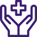 Two stylized hands cupping a four-petal flower with a star-shaped center, purple logo