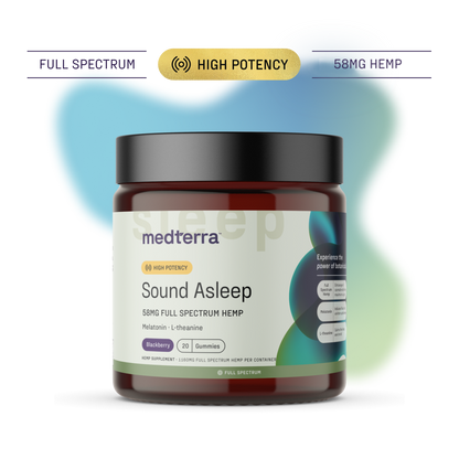 Front view of Medterra Sound Asleep jar, 58mg full spectrum gummies, High Potency, blackberry, 20-count on blue-green