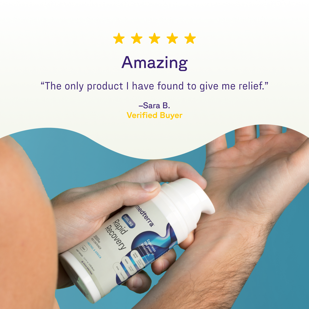 Hands applying medterra Cooling Rapid Recovery topical beneath a five-star testimonial banner.