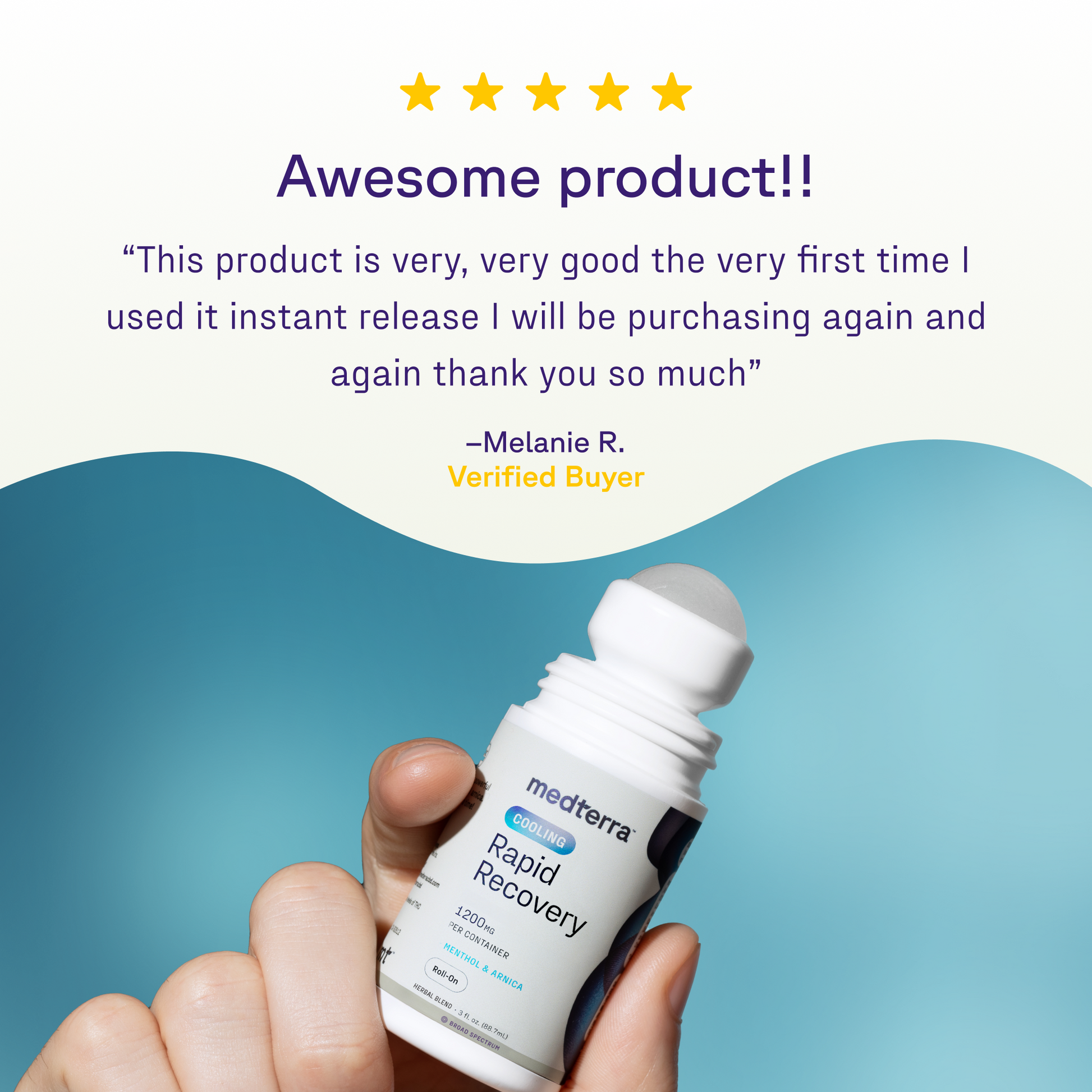 Hand holding medterra Rapid Recovery cooling roll-on (menthol & arnica, 1200mg) under five gold stars.