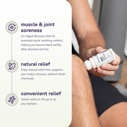 Person applying Rapid Recovery roll-on to knee; visible text: muscle & joint soreness; natural relief; convenient relief