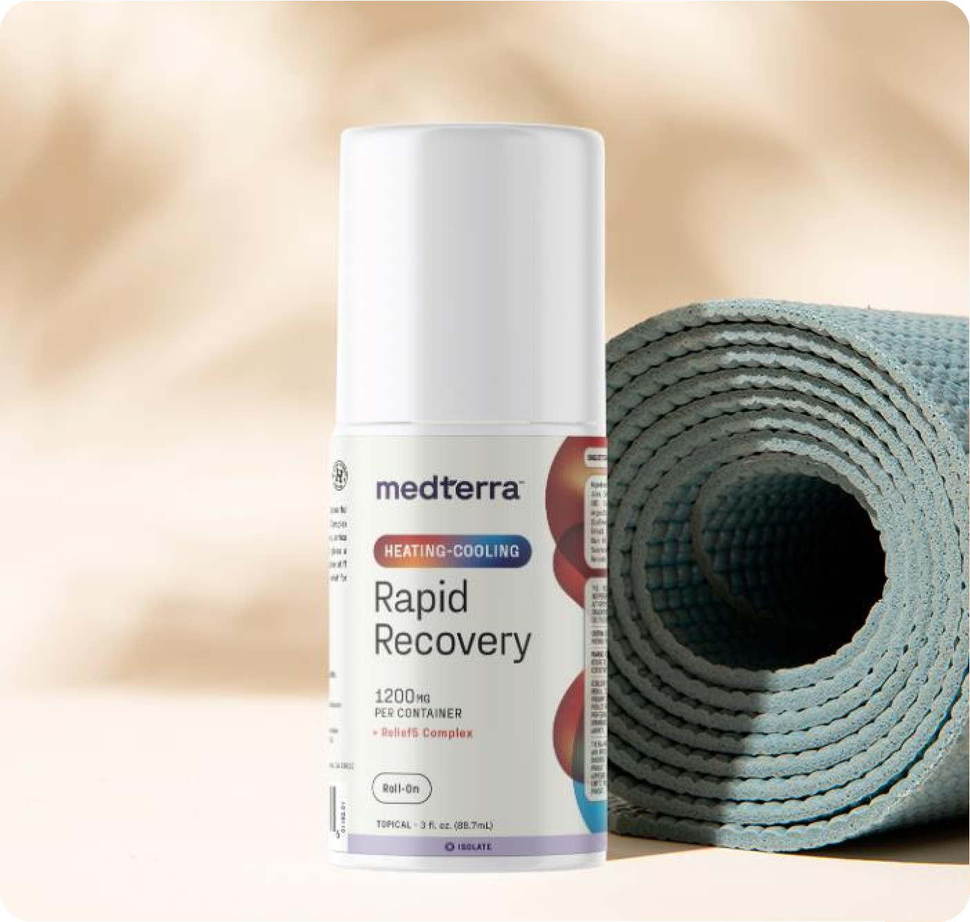 medterra HEATING-COOLING Rapid Recovery 1200MG PER CONTAINER + Reliefs Complex Roll-On TOPICAL - 3 fl. oz. (88.7mL) beside mat