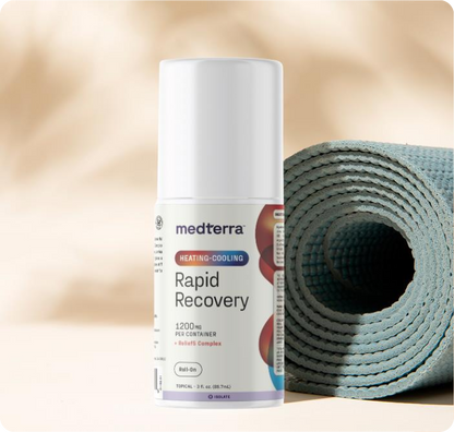 medterra HEATING-COOLING Rapid Recovery 1200MG PER CONTAINER + Reliefs Complex Roll-On TOPICAL - 3 fl. oz. (88.7mL) beside mat