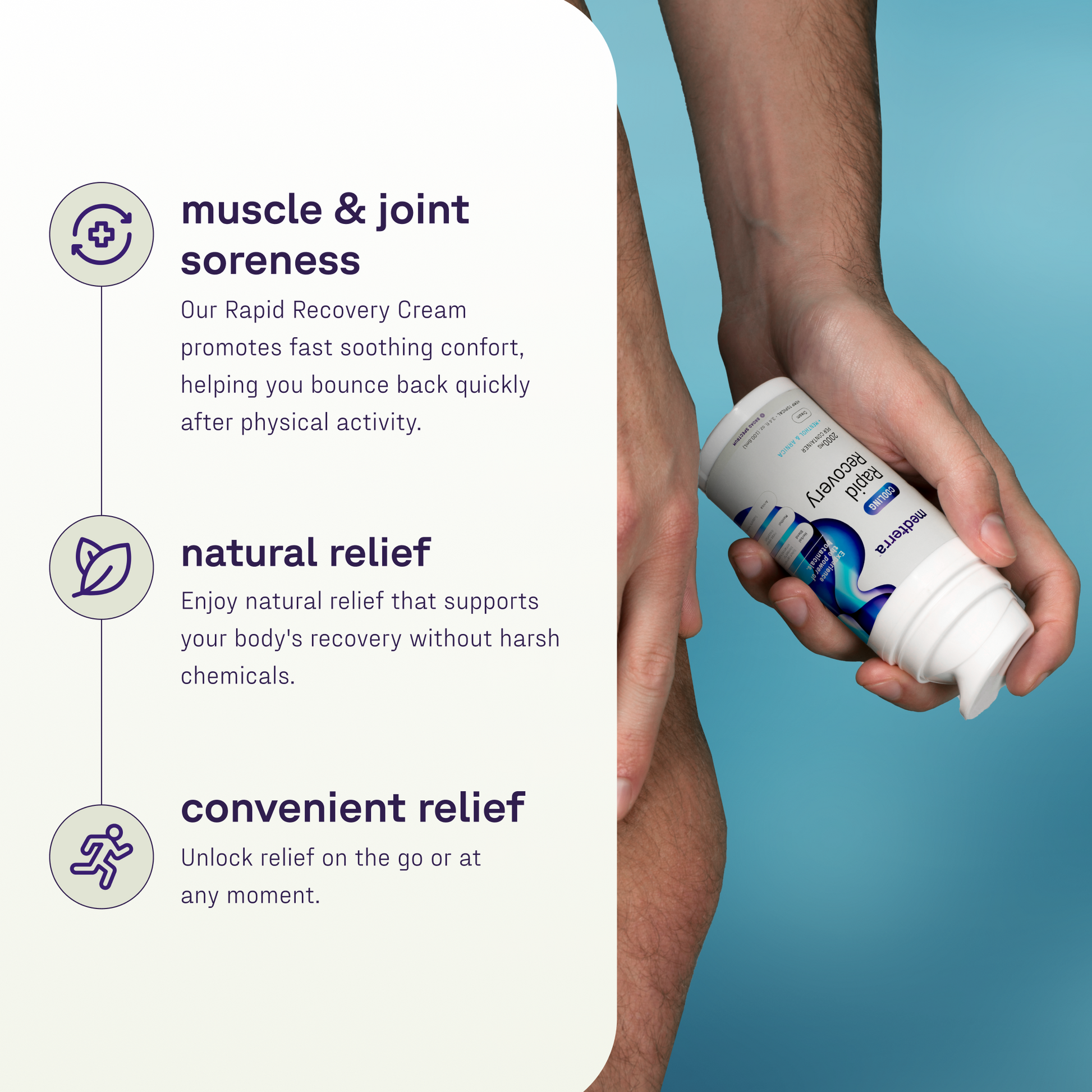 Hands applying a roll-on labeled 'Rapid Recovery' cream to a person's lower calf.