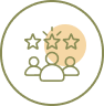 An icon representing group feedback or review, featuring three outlined human figures facing away, with three stars above their heads. One star is highlighted, possibly indicating a rating or level of satisfaction. The icon is enclosed within a circular border, emphasizing the highest quality feedback.