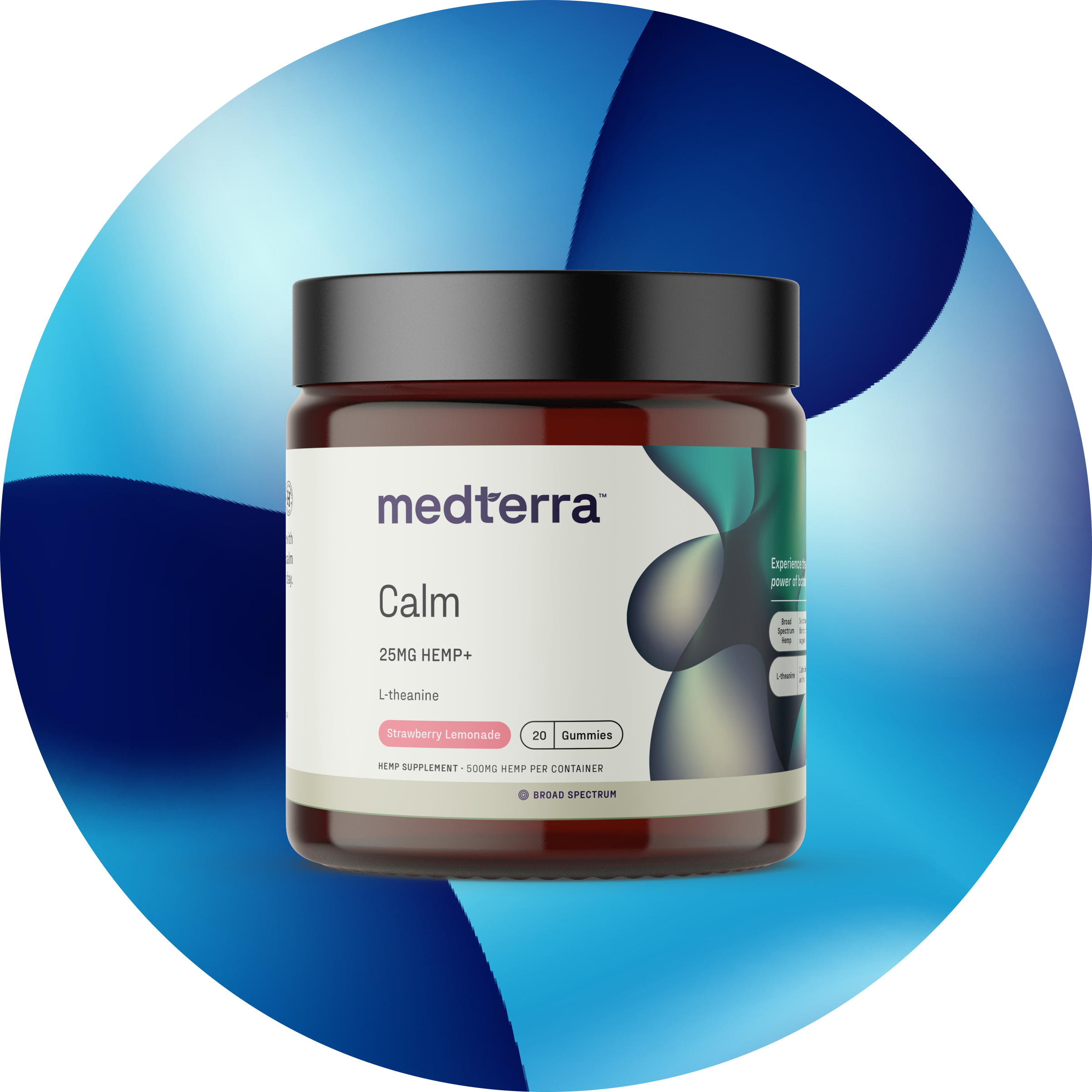 Close-up front of Medterra Calm gummies jar showing 25MG hemp plus Strawberry Lemonade label on blue gradient background