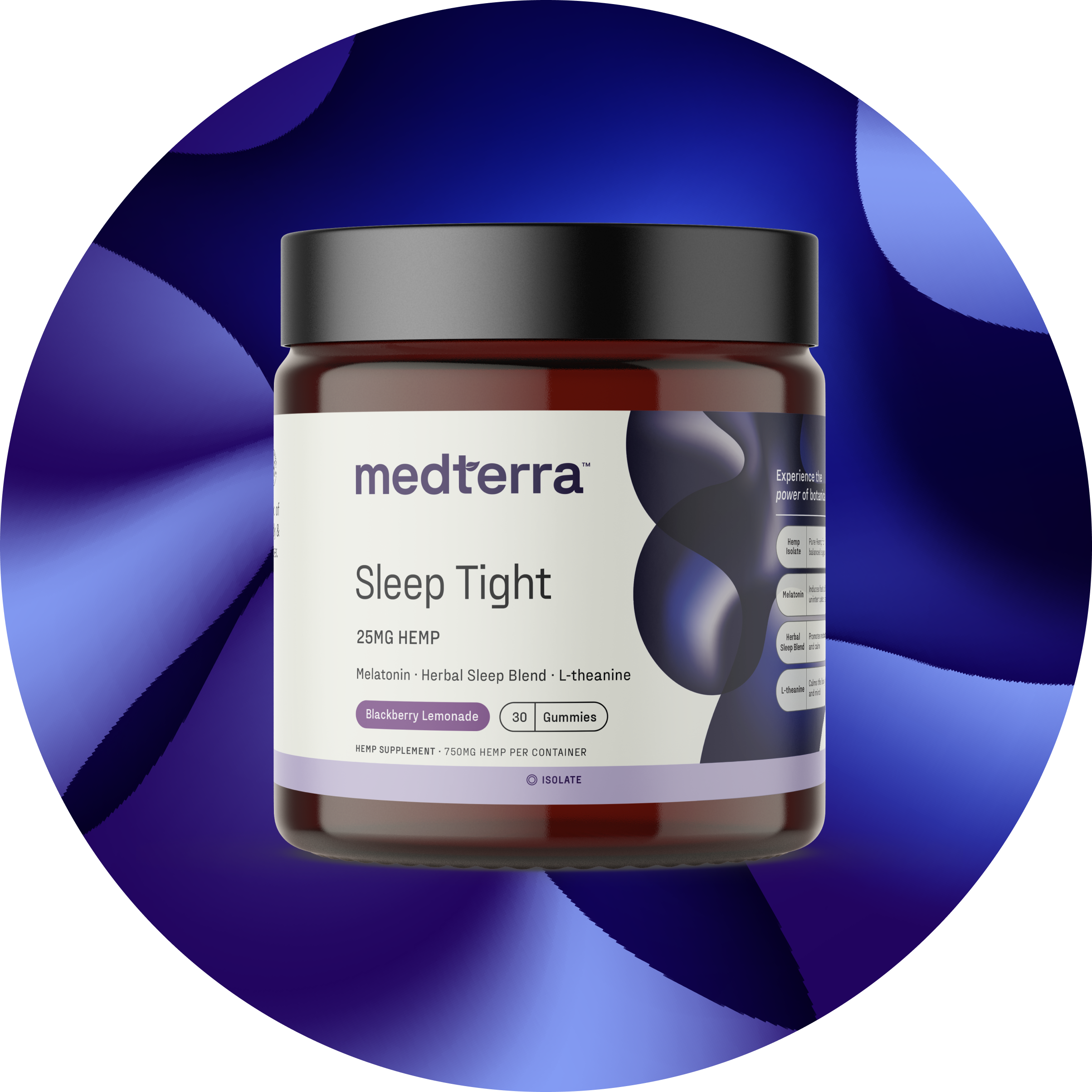 Medterra Sleep Tight gummy jar — 25MG hemp, Blackberry Lemonade flavor, 30 gummies