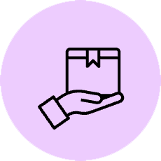 Hand holding a small parcel icon centered on a light purple circular background