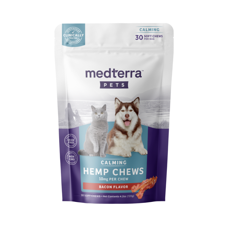 Front view of Medterra Pets Calming Hemp Chews pouch, bacon flavor, 10 mg per chew, 30-count, packaging with dog and cat