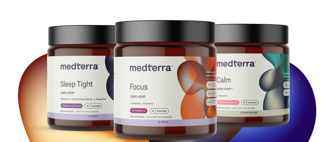 medterra jars labeled Sleep Tight; Focus; Calm with distinct supplement labels and flavor/dosage information