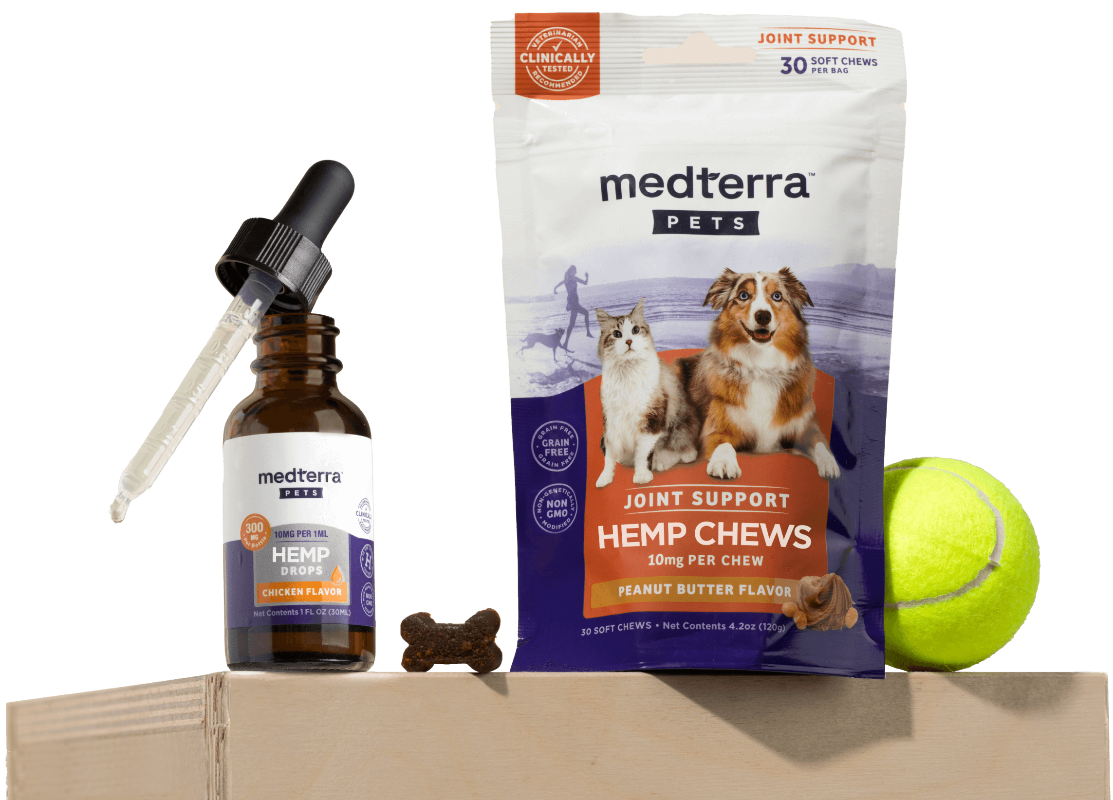 medterra PETS bag - Joint Support Hemp Chews 10mg per chew Peanut Butter Flavor; hemp drops bottle Chicken Flavor tennis ball