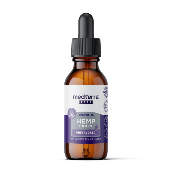 medterra PETS HEMP DROPS UNFLAVORED, 300 MG, 10MG PER 1ML; Net Contents 1 FL OZ (30ML); THC FREE